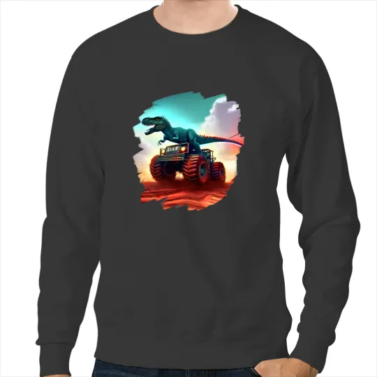 Dinosaur Dino Tyrannosaurus Rex Riding Monster Truck Cool T Rex Sweatshirts