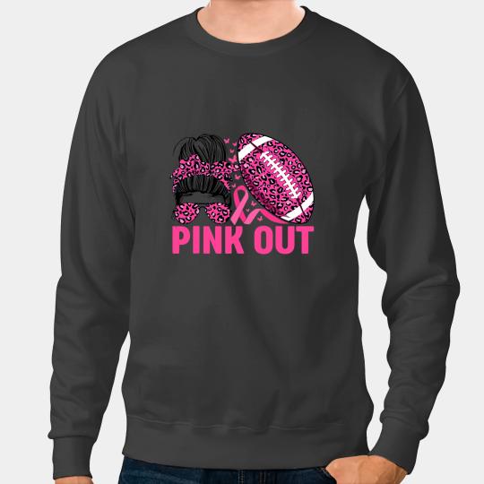Pink Out Leopard Messy Bun Breast Cancer Football Mom Sweatshirts