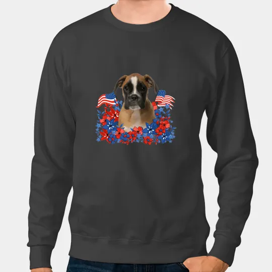 Boxer Independent Flowers Dog American Flag Boxers Dog Sweatshirts