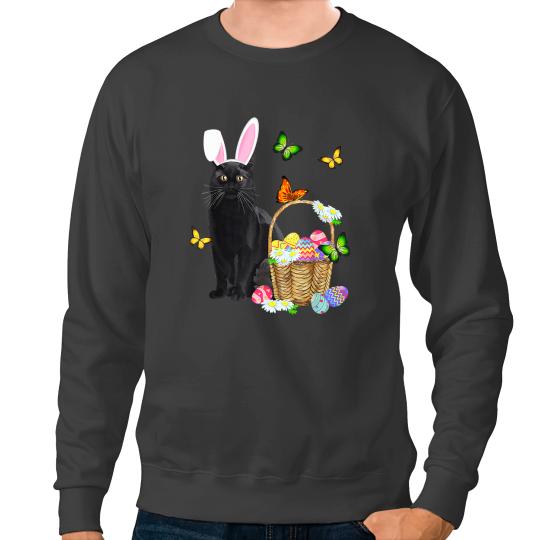 black cats Paws Bunny Hat Rabbit Easter Eggs Basket Egg Hunting Sweatshirts
