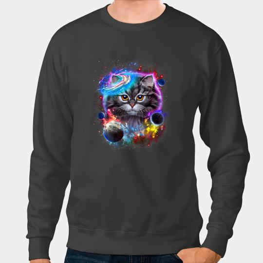 Cat Paws Grey Cat Face Swirl in Planetary Galaxy Space and Cosmos Sweatshirts
