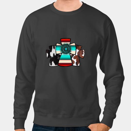 Cattle Cow Western Cross Aztec Cross Turquoise Leopard Cowhide Cross Sweatshirts
