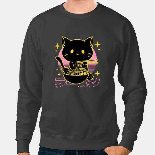 black cats Paws Retro Cat Eating Ramen Noodles Japanese Aesthetic Vaporwave 147 Sweatshirts