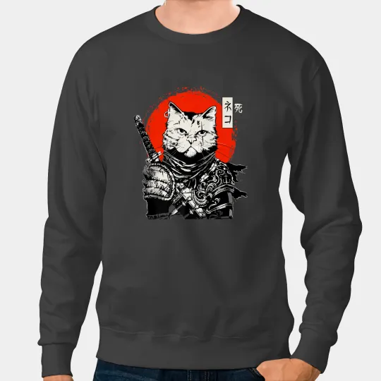 black cats Paws Samurai Japanese Cat Bushido Warrior Katana swords Retro Sweatshirts