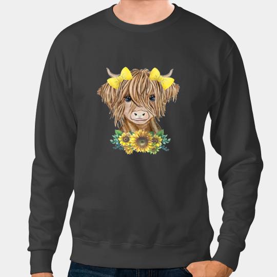 Cattle Cow Cute Baby Highland Cow With Sunflowers Farm Farmer Wife Girl Sweatshirts