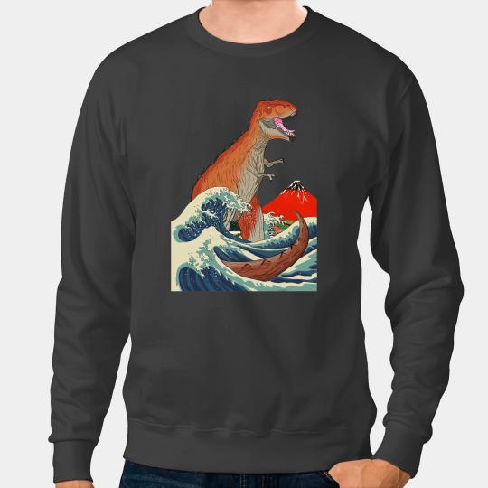 Dinosaur Dino T Japan Ukiyo Dinosaur T Rex Red Mount Fuji Tsunami Sweatshirts