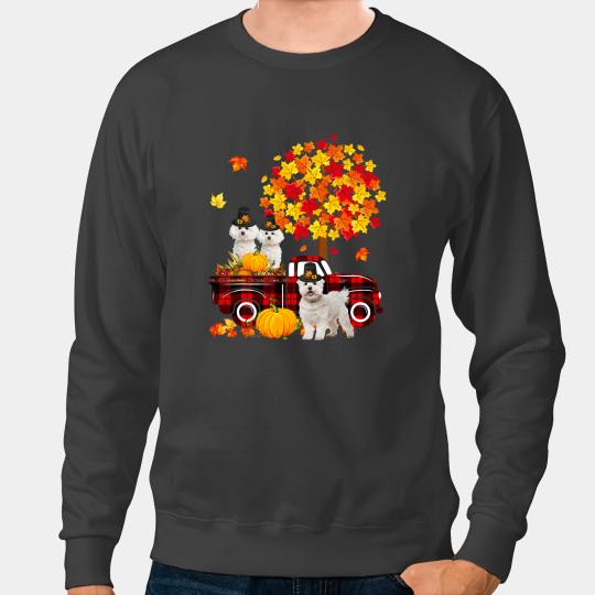 Dog Bichon Frise Three Bichon Frises On Pickup Truck Thanksgiving Fall Tree Sweatshirts