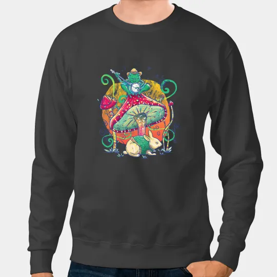 Frog Gift Cottagecore Aesthetic Frog Plays Banjo With Rabbit Fairycore Sweatshirts
