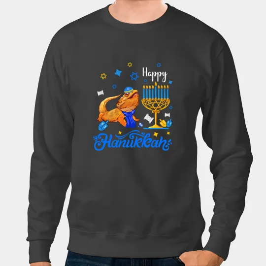 Bearded Dragon Happy Hanukkah Bearded Dragon Wearing Jewish Hat Menorah Sweatshirts