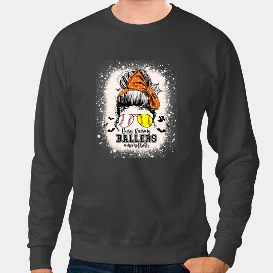Baseball Gift Halloween Messy Bun Mom Of Both Baseball Softball Bleached Sweatshirts