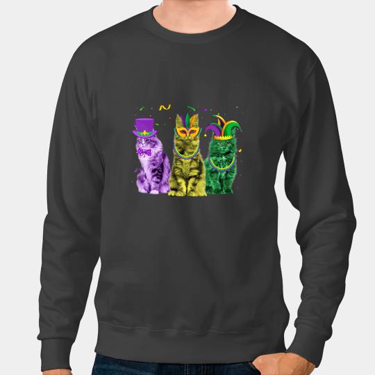 Cat Paws Three Maine Coon Cats With Jester Hat Mask Beads Fat Tuesday Sweatshirts