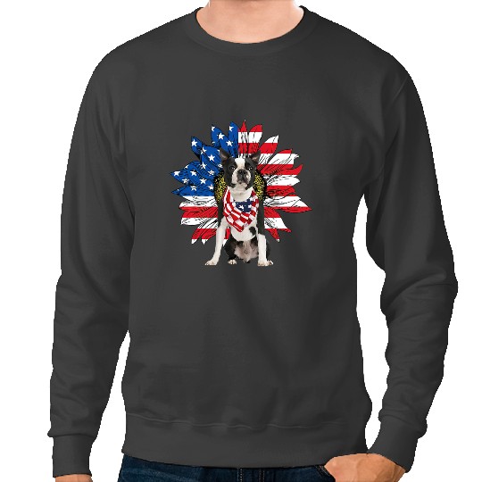 Dog Boston Terrier Black Boston Terrier Sunflower Us Flag Independence Day Sweatshirts