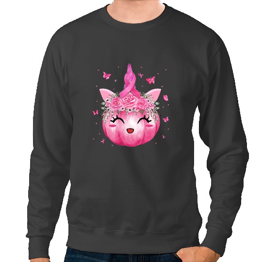 Unicorns Cute Unicorns Pumpkin Pink Ribbon Breast Cancer Halloween Sweatshirts
