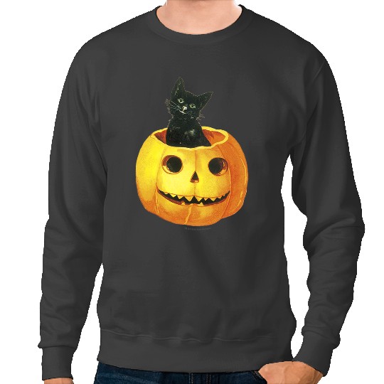black cats Paws Womens Black Halloween Cat in Jackolantern Vintage Sweatshirts
