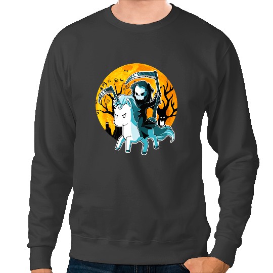 Unicorns funny grim reaper riding Unicorns Halloween Moon Silhouette 1 Sweatshirts