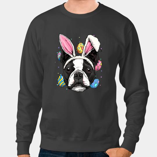 Dog Boston Terrier Easter Bunny Boston Bull Terrier Egg Hunt Puppy Dog Lover Sweatshirts