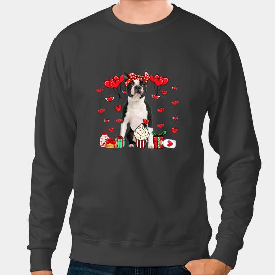 Dog Boston Terrier Funny Boston Terrier Dog Lovers Red Hearts Valentines Day Sweatshirts