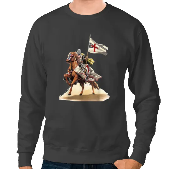 Funny Horse Knights Templar On a Horse Flag Deus Vult Crusader Warrior Sweatshirts