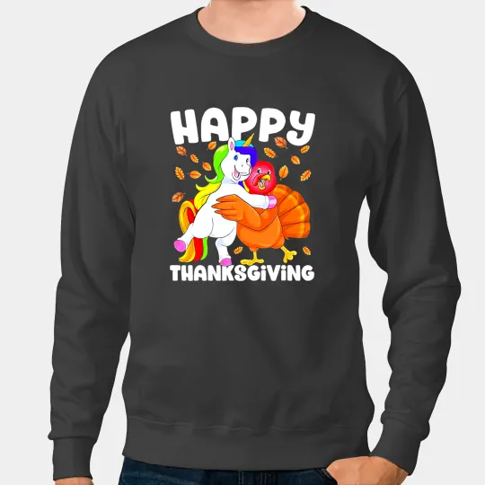 Unicorns Happy Thanksgiving Unicorns Turkey Fall Season Funny Retro Sweatshirts