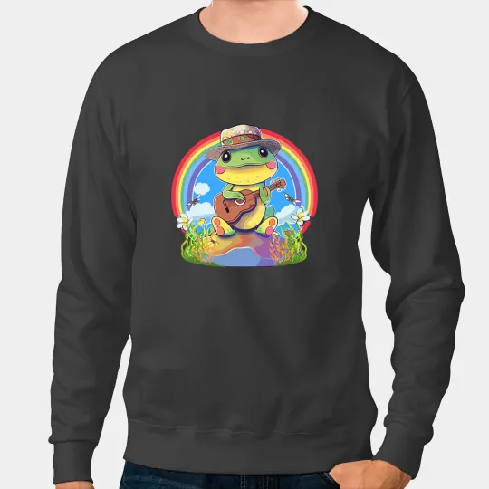 Frog Gift Kawaii Cottagecore Frog Playing Banjo Pastel Rainbow Sweatshirts