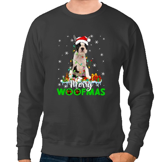 Dog Boston Terrier Merry Woofmas Funny xmass Lights Santa Hat Sweatshirts