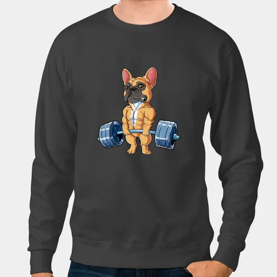Frenchie Dog Weightlifting Fawn Deadlift Fitness Gym Funny French Bulldog Sweatshirts