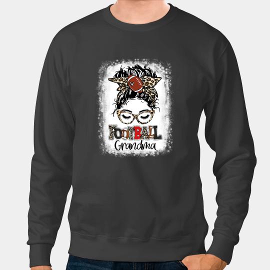 Football Gift Grandma Life Football Messy Bun Leopard Mothers Day Bleached Sweatshirts