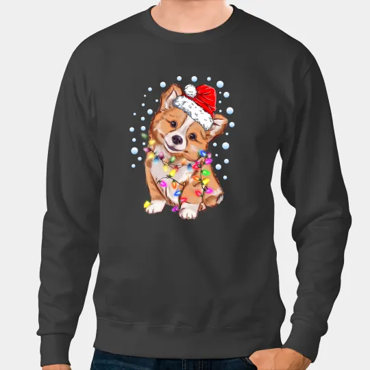 Welsh Corgi Funny Cute Corgi Dog Christmas Light Santa Hat Puppy Lover Corgis Sweatshirts