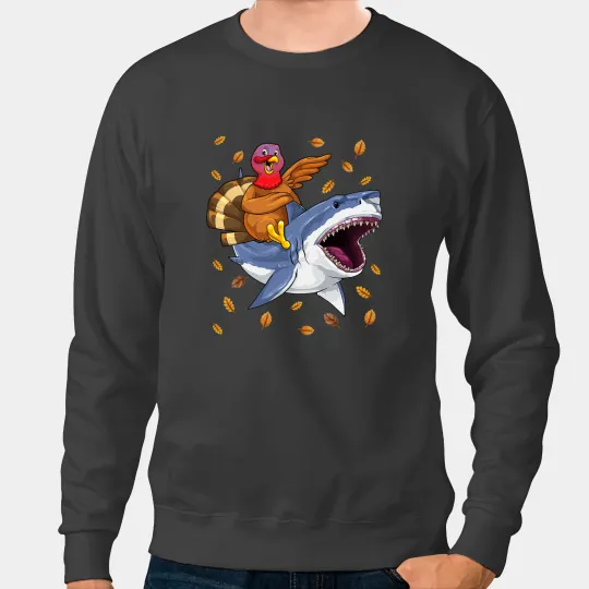 Ocean Shark Thanksgiving Turkey Riding Shark Funny Toddler Boys Kids Sweatshirts