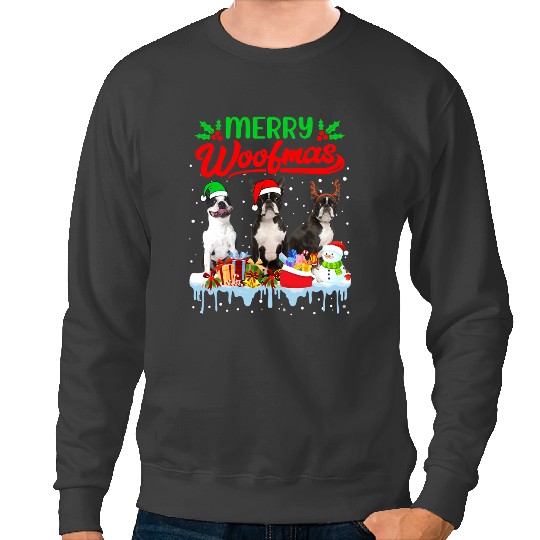 Dog Boston Terrier Merry Woofmas Christmas Boston Terrier Dog Lover Xmas Sweatshirts