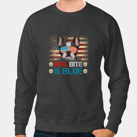 Frenchie Dog Red Bite Blue French Bulldog American USA Flag 4th Of July French Bulldog Sweatshirts