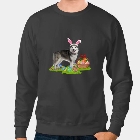 Dog Alaskan Malamute Funny Easter Egg Hunting Bunny Alaskan Malamute Dog Easter Sweatshirts