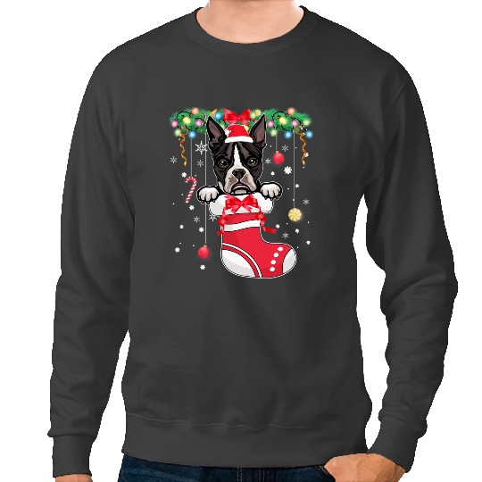 Dog Boston Terrier Funny xmass Cute Boston Terrier Dog in Christmas Stocking Sweatshirts