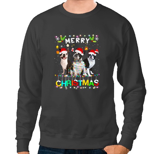 Dog Boston Terrier Merry Christmas Boston Terrier Santa Hat Lights Funny Sweatshirts