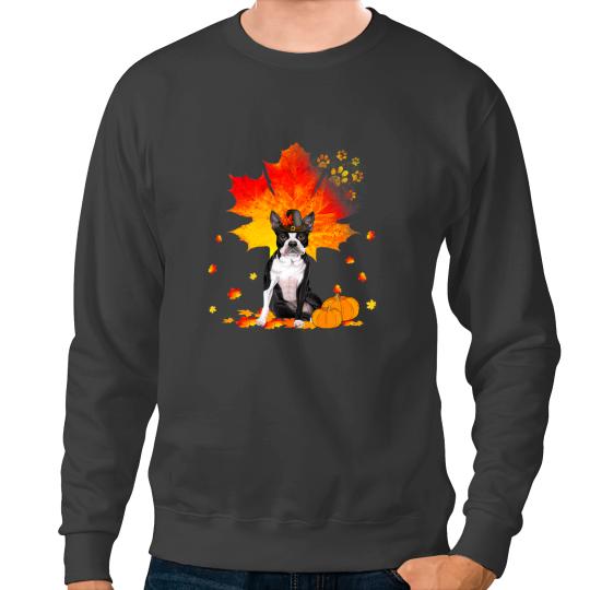 Dog Boston Terrier Autumn Leaf Fall Leaves Dog Thanksgiving Sweatshirts