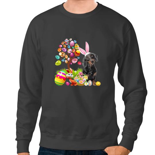 Wiener BLACK Dachshund Easter Egg Tree Dogs Bunny Easters Day Dachshund Doxie Sweatshirts