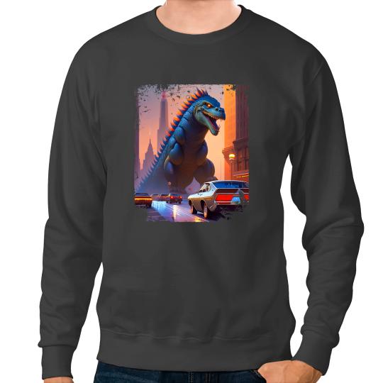 Dinosaur Dino King of Monsters Dinosaur Takes On City and Muscle Car Sweatshirts