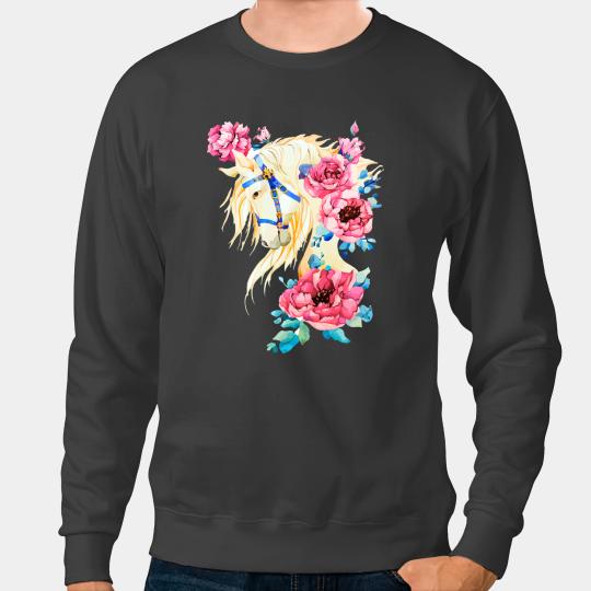Funny Horse White horse with a mane of pink peony flowers rose Sweatshirts