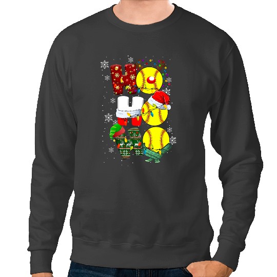 Softball Gift Ho Ho Ho Funny Softball Reindeer Santa Hat Christmas Lights Sweatshirts