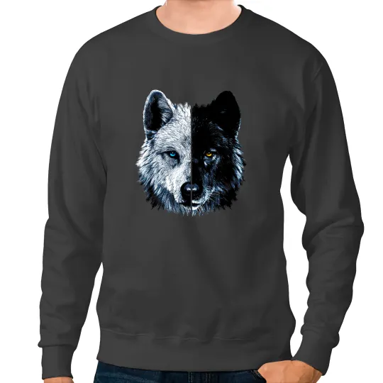 Wolves wolfs Polar And Black Two Face wolfs Split Face Magical Wolves Coyote Coyote Sweatshirts