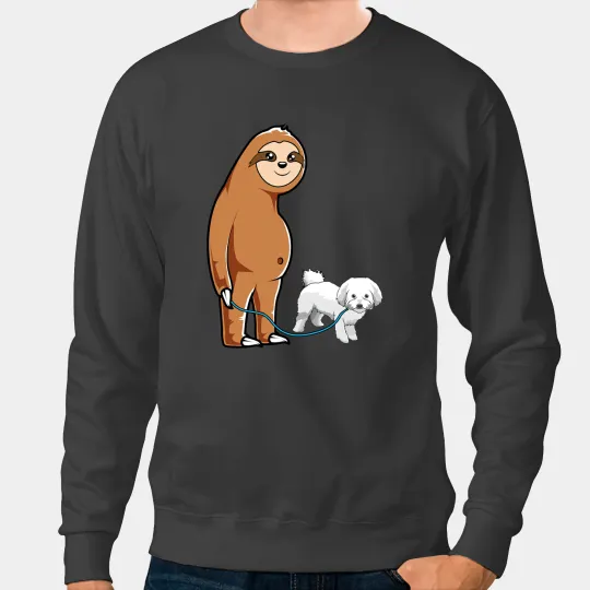 Sloth Gift Lazy Sloth Walking Bichon Frise Dog Sloth Lover Pet Owner Sweatshirts