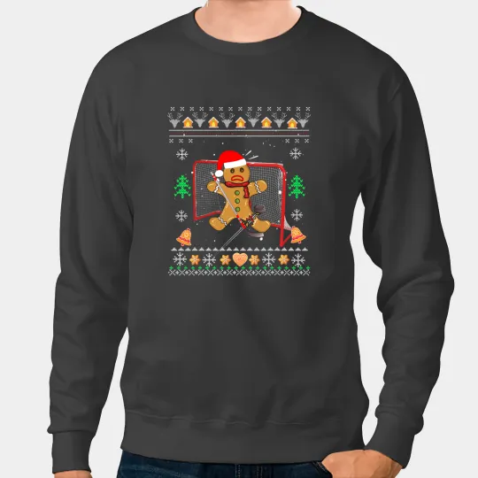 Hockey Gift Goalie Funny Christmas Ugly Gingerbread Man Goalie Sweatshirts