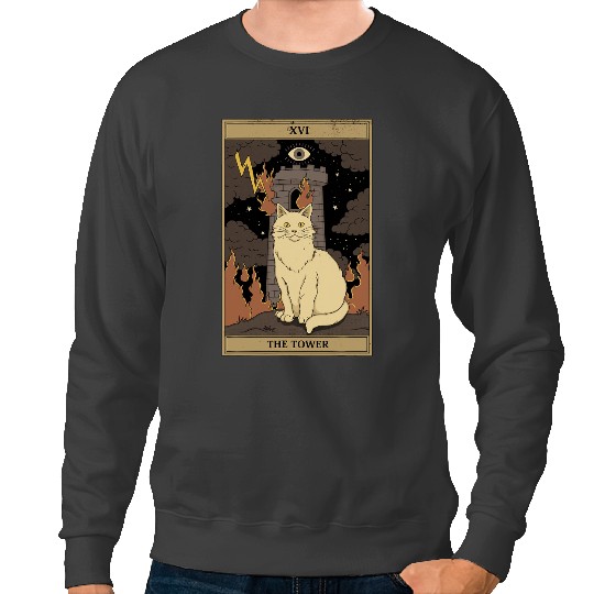 Cat Paws Retro Halloween Cat Witch The Tower Tarot Card Witchcraft 49 Sweatshirts