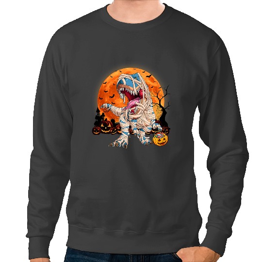Dinosaur Dino Dino Skull Halloween Skeletons Riding Mummy Dinosaur T rex Pumpkin Moon 1 Sweatshirts