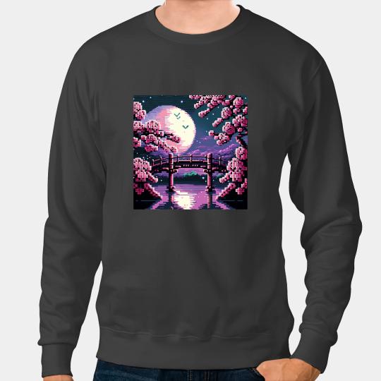 8 bit Retro Cherry Blossom Magic Riverside Bridge Moonlight Sweatshirts