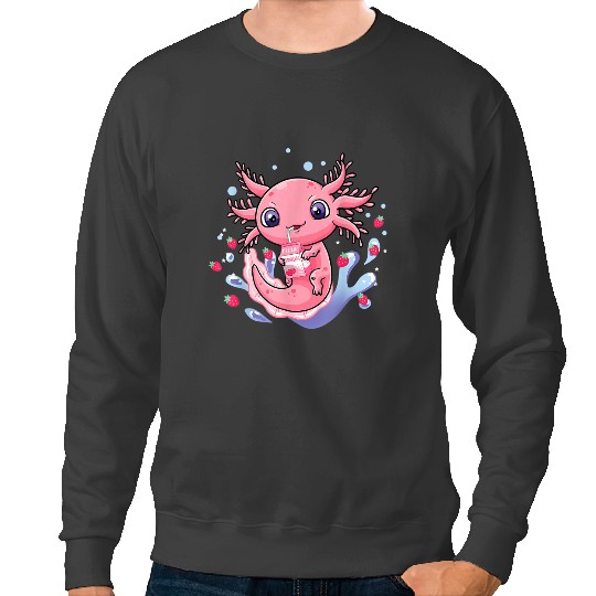 Axolotls Animals Kawaii Axolotls Strawberry Milkshake Cartonss Japanese Anime 172Axo Sweatshirts