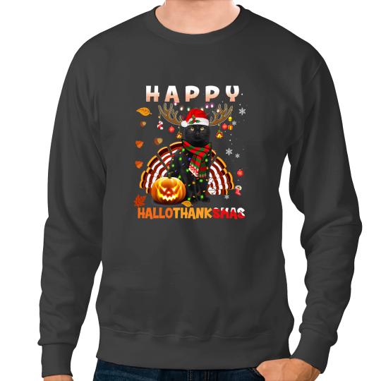 black cats Paws Halloween And Merry Christmas Happy Hallothanksmas 94 Sweatshirts