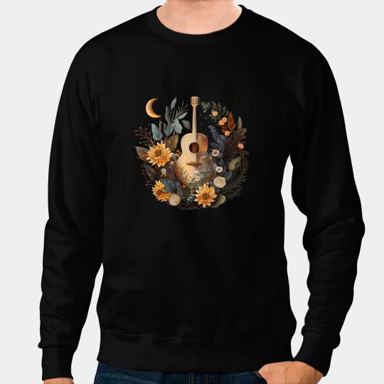 Guitarist Cottagecore Acoustic Guitar Moon Sun Plants Lover22 Guitar Sweatshirts