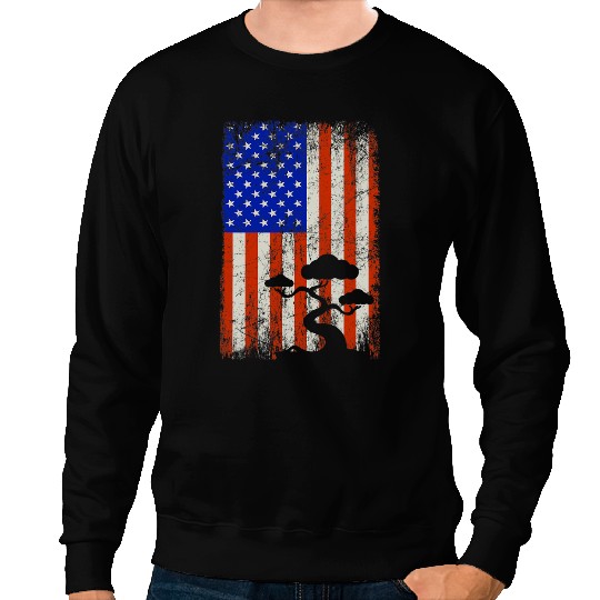 Bonsai Tree American Flag USA Japanese Tree Vintage Sweatshirts