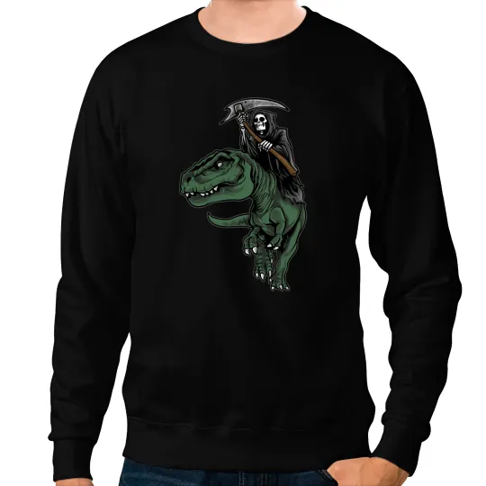 Dinosaur Dino Halloween Spooky Grim Reaper On Dinosaur TRex Scary Sweatshirts
